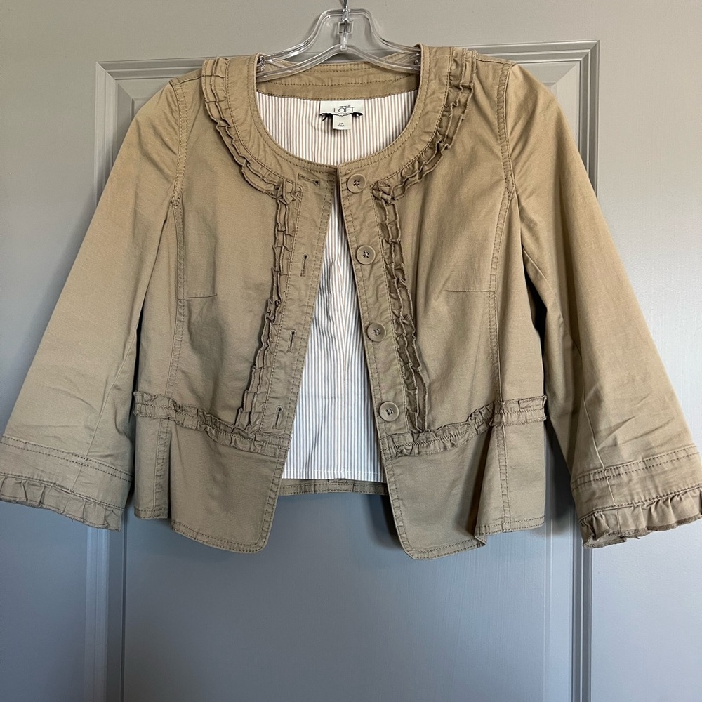 LOFT Ruffled Blazer Jacket Khaki Tan Y2K Size 2 Petite